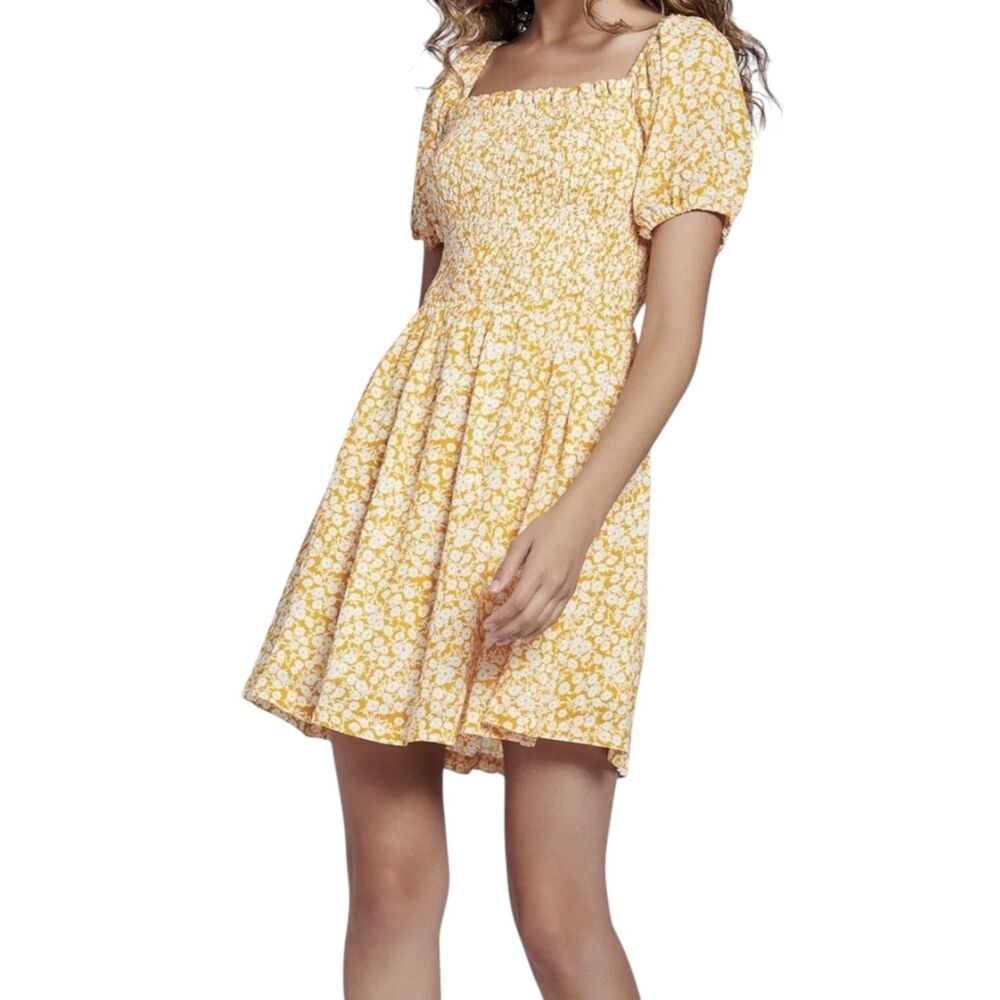 Lost + Wander Yellow Ditsy Floral Smocked Cottagecore Boho Rayon Mini Dress S